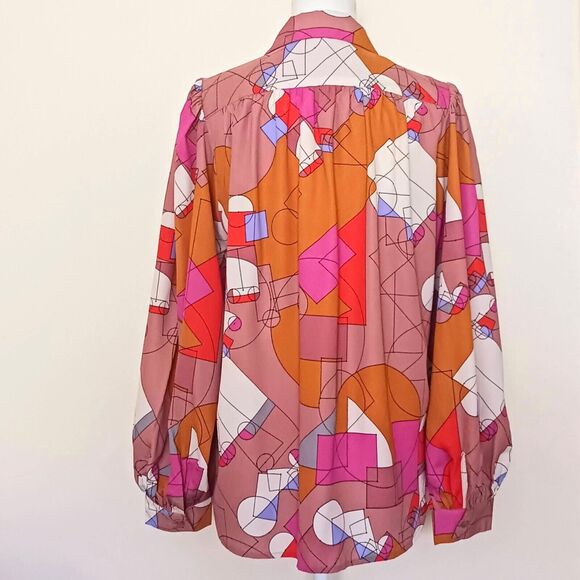 OVI Bright Geometric Mod Print Blouse Balloon Sleeve Sz L - Picture 6 of 8